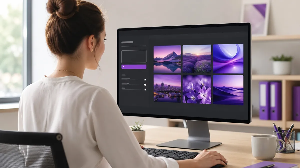 Person erstellt am Bildschirm KI-Bilder für das Marketing in einer hellen, professionellen Büroszene
