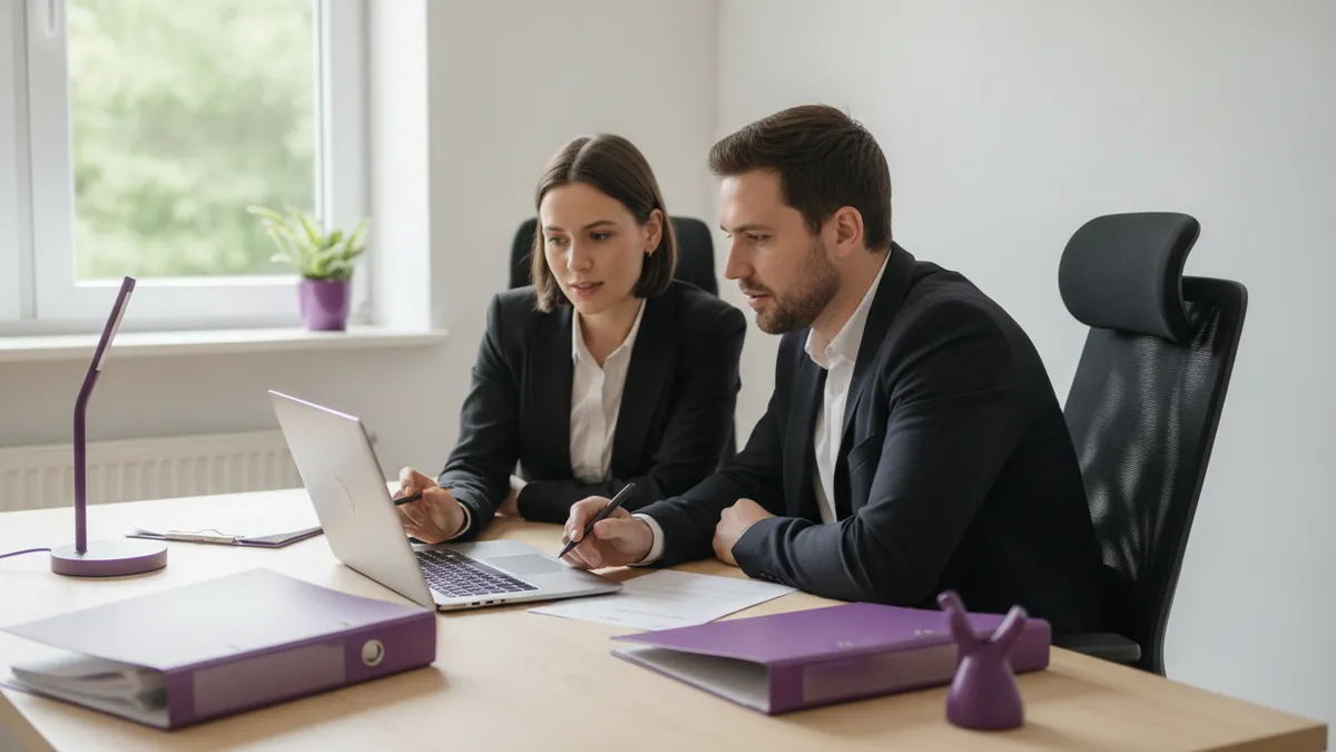 Zwei Mitarbeitende eines kleinen Unternehmens besprechen am Laptop den Einstieg in KI-Werkzeuge, helles Büro mit Tageslicht