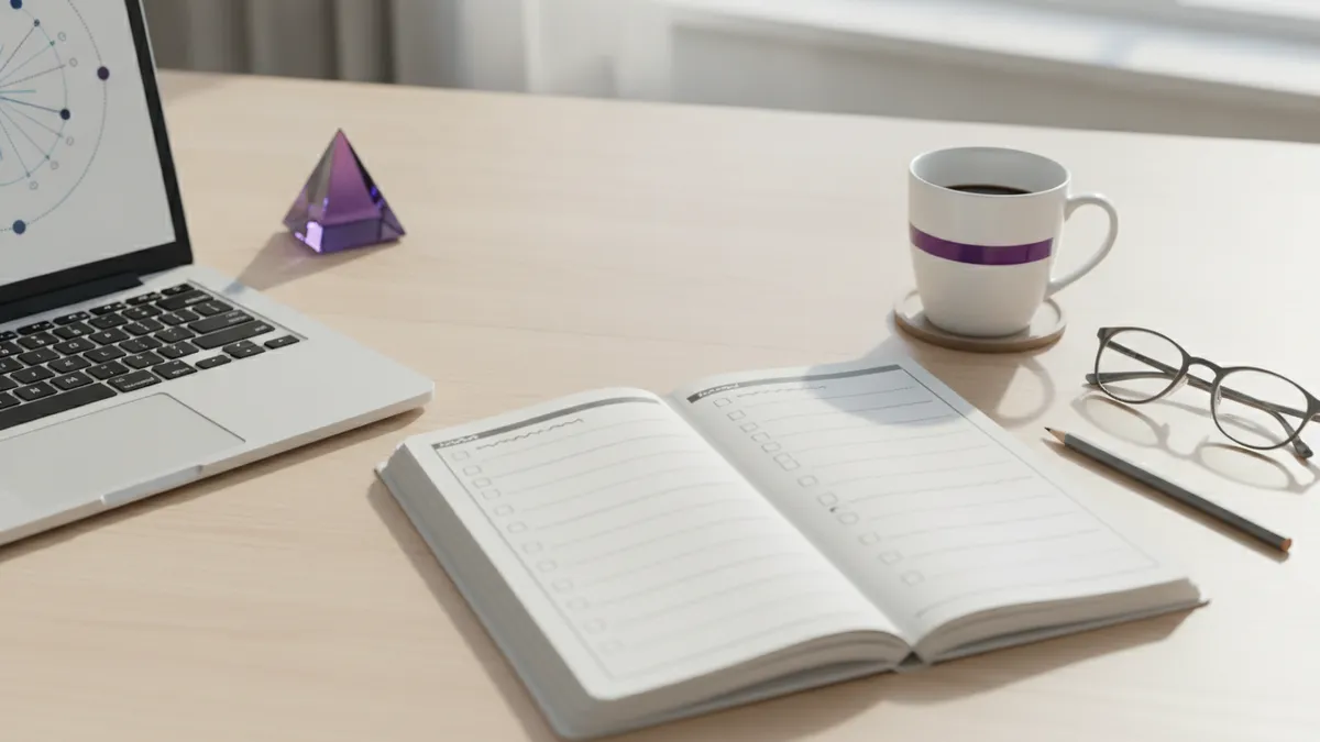 Schreibtisch mit aufgeschlagenem Notizbuch und Checkliste für interne Regeln zum KI-Einsatz im Unternehmen, Laptop und Kaffeetasse