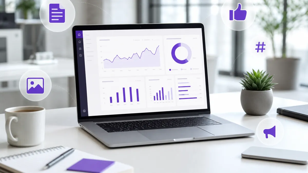 Laptop mit übersichtlichem Marketing-Dashboard für Texte, Bilder und Social Media