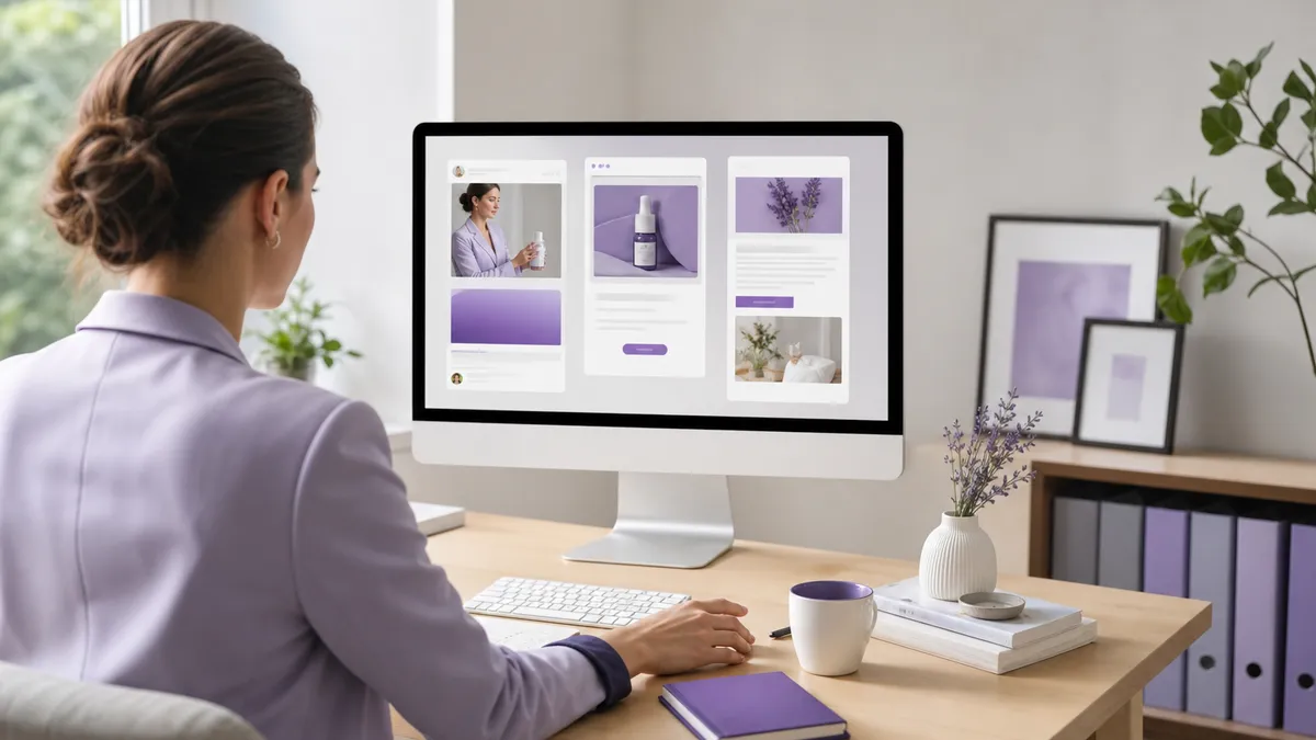 Person am Schreibtisch erstellt mit KI mehrere Marketing-Inhalte auf einem Monitor