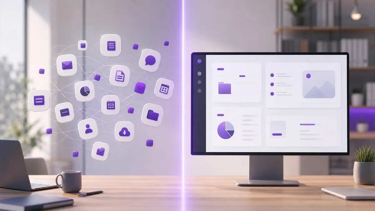 Vergleich von einzelnen KI-Marketing-Werkzeugen gegenüber einer integrierten Plattform auf einem Bildschirm, helle moderne Arbeitsumgebung
