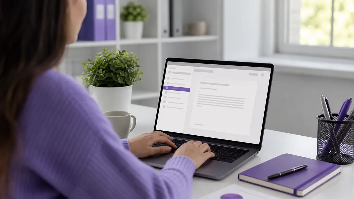 Person schreibt am Laptop einen Newsletter mit KI-Unterstützung in einer hellen Büroszene