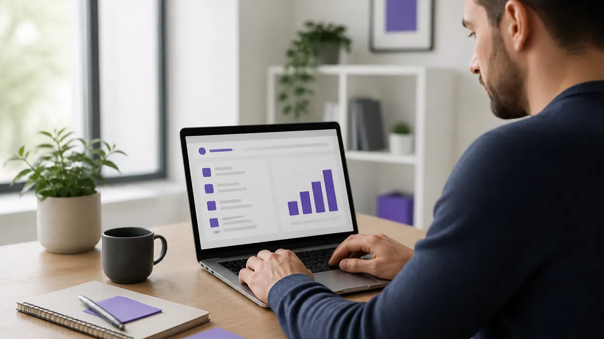 Person nutzt KI für SEO am Laptop, auf dem Bildschirm angedeutete Suchergebnisse und ein Diagramm, helle professionelle Büroszene