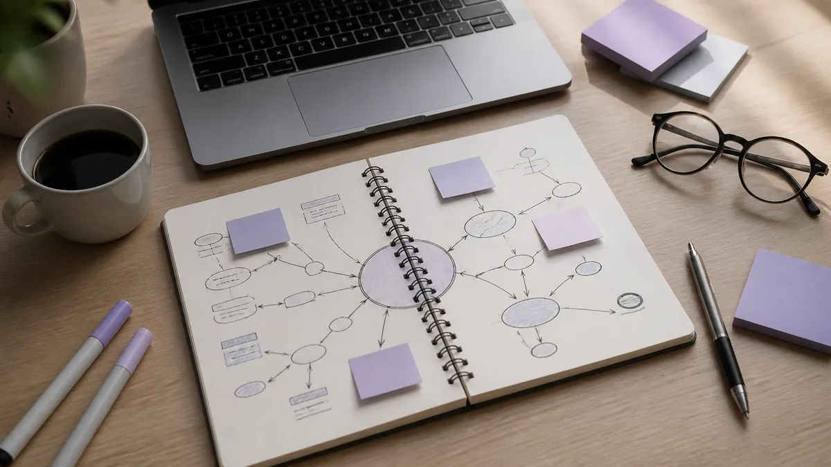 Schreibtisch mit Notizbuch, Themen-Mindmap und Haftnotizen zur Keyword-Recherche für KI-gestützte SEO, helle Arbeitsumgebung