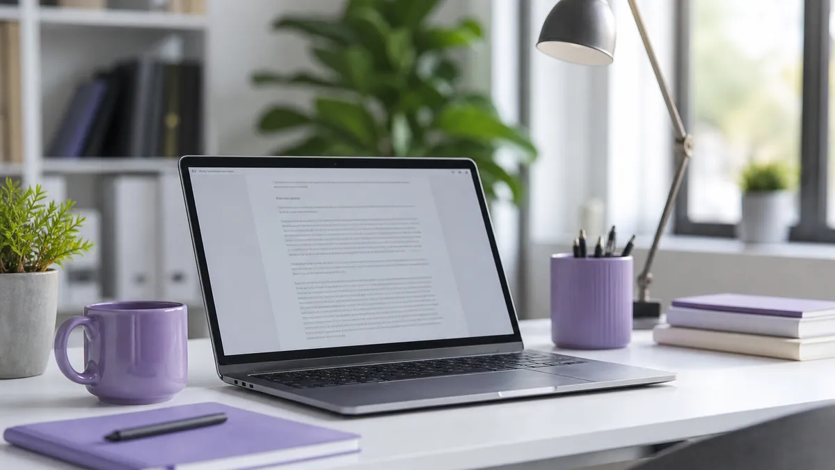 Laptop auf einem hellen Schreibtisch, auf dem mit KI ein Marketingtext entsteht