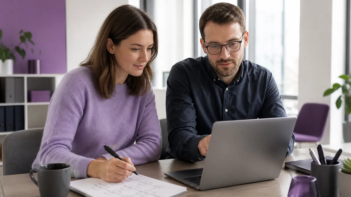 Zwei Mitarbeitende eines kleinen Unternehmens planen am Bildschirm einen automatisierten Marketing-Ablauf mit Auslöser und Zeitplan
