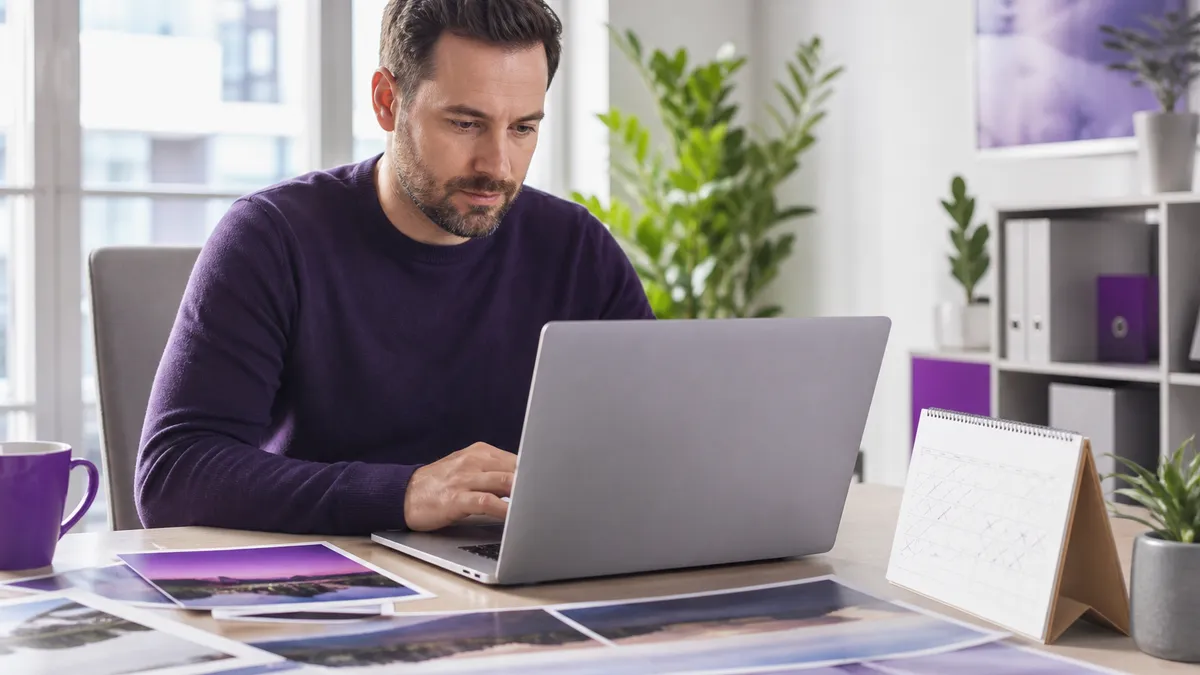 Unternehmer prüft am Laptop die vorbereiteten Beiträge seines Redaktionsplans, daneben ausgedruckte Fotos und ein markierter Tischkalender