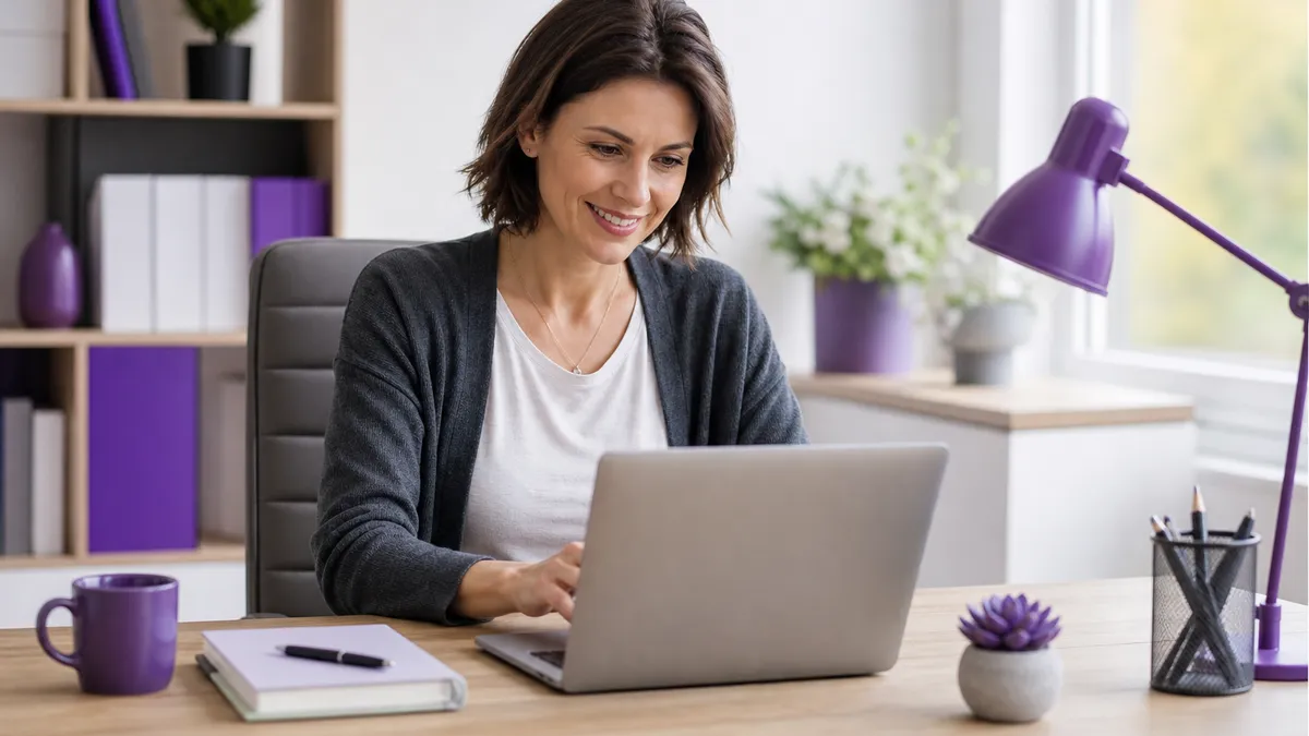 Inhaberin eines kleinen Unternehmens plant am Laptop ihr Social Media Marketing, helle freundliche Büroszene